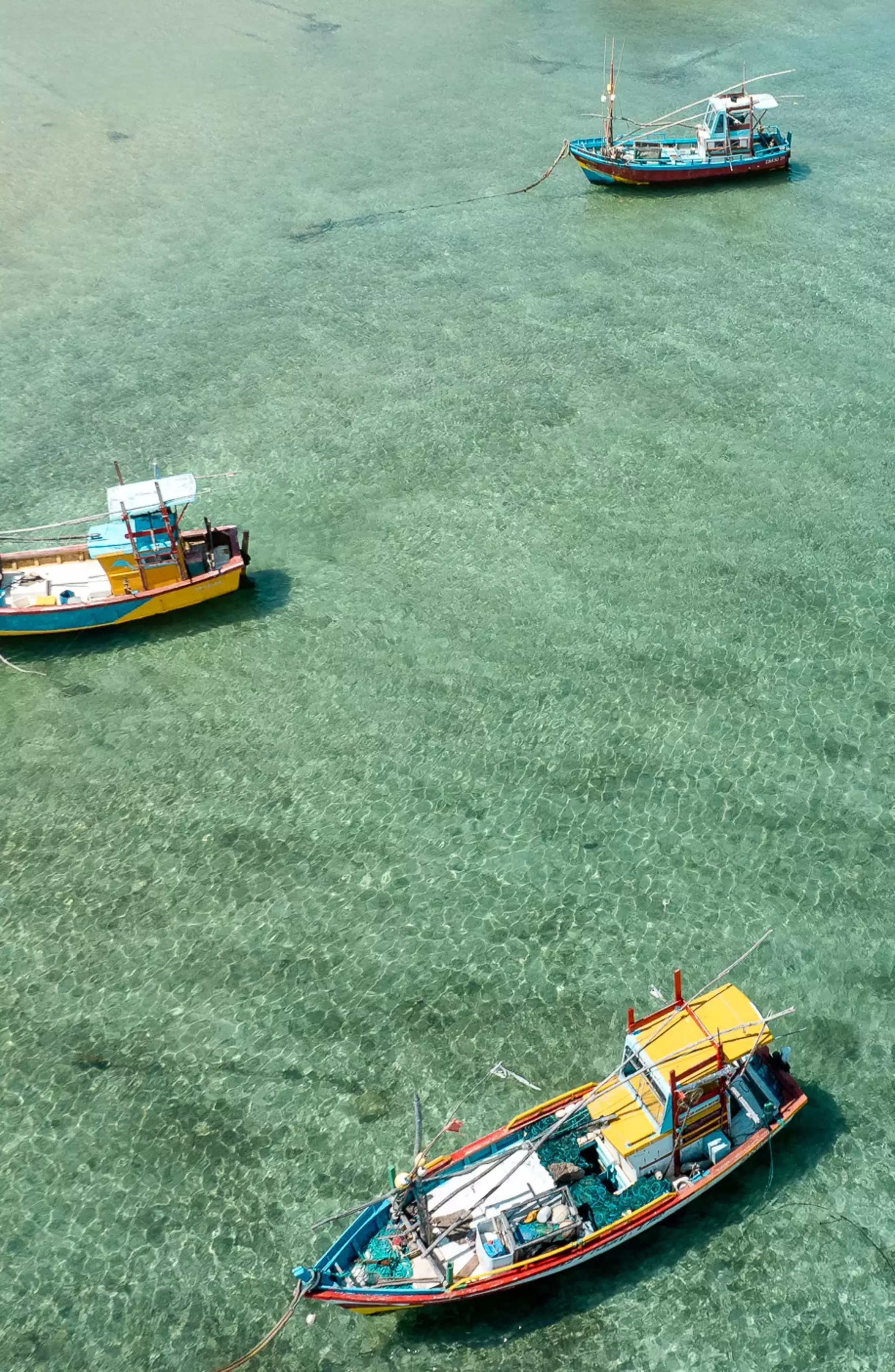 Surfer paddles through fishing boat