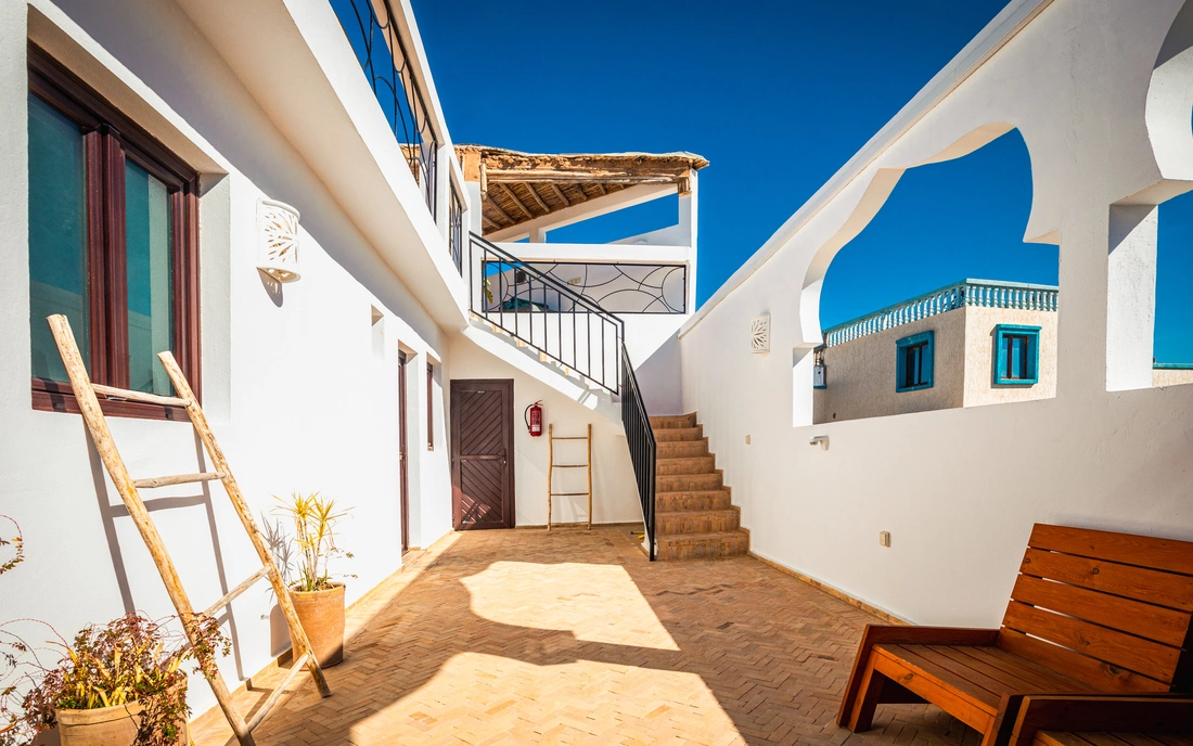 The cozy terrace below the yoga and fitness studio