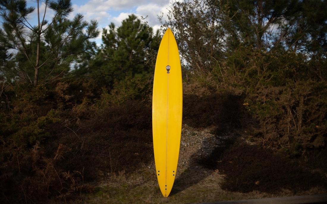 Gelbes Gun Surfbrett vor Büschen