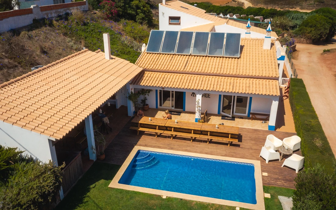 surf camp algarve main house with pool from above