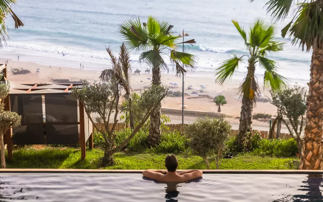 Pool view from the infinity pool at Sea View Surfcamp Morocco