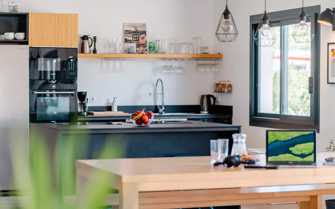 A rich breakfast buffet is served in the kitchen