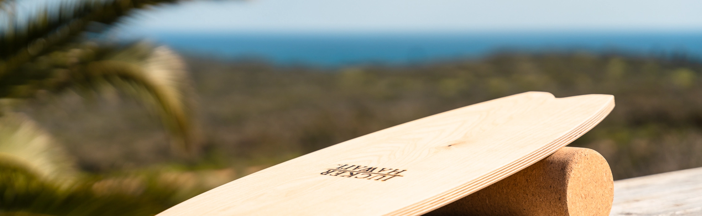 Balance Board aus Holz auf Korkrolle mit Meer im Hintergrund