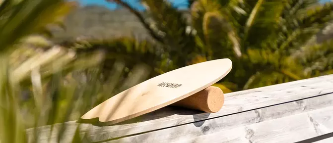 Balance Board aus Holz auf Kork Rolle vor Palmen