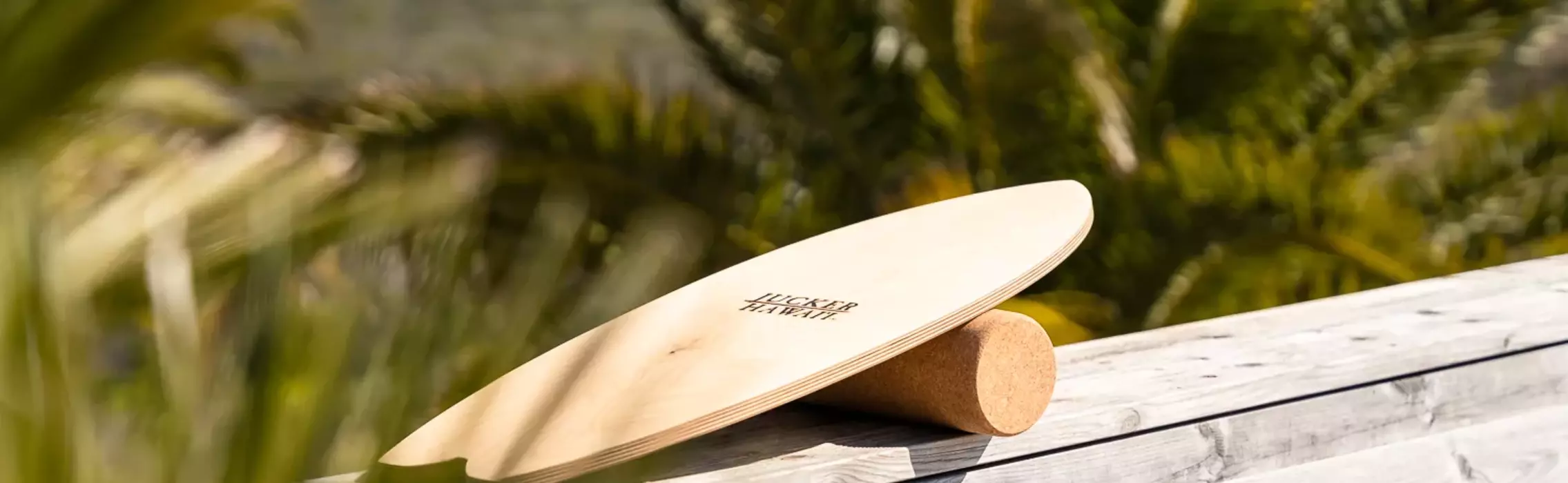 Balance Board aus Holz auf Kork Rolle vor Palmen