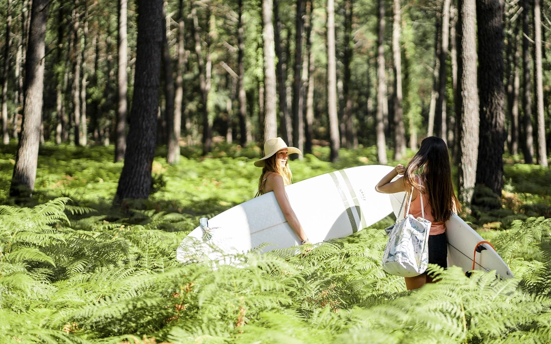 puresurfcamps-frankreich-surfschule-pinien-wald-natur-freunde-surfer-surfbrett-moliets