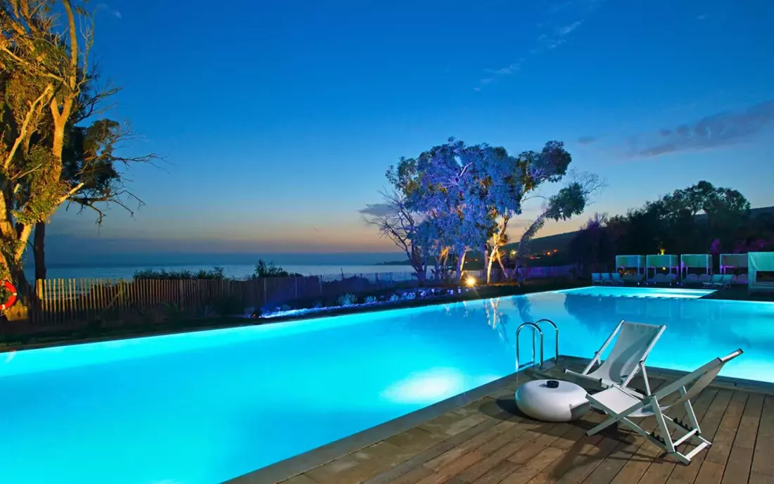 Pool, terrace & garden with sea views